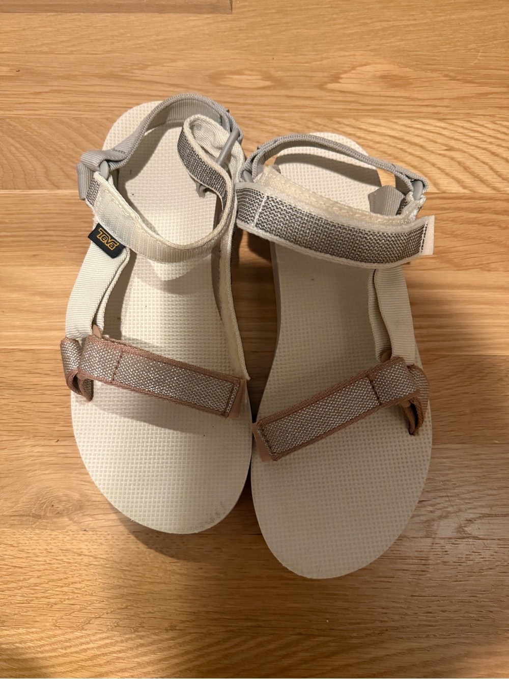 Teva Women’s Cream Footbed Sandals with Taupe and Light Brown Straps